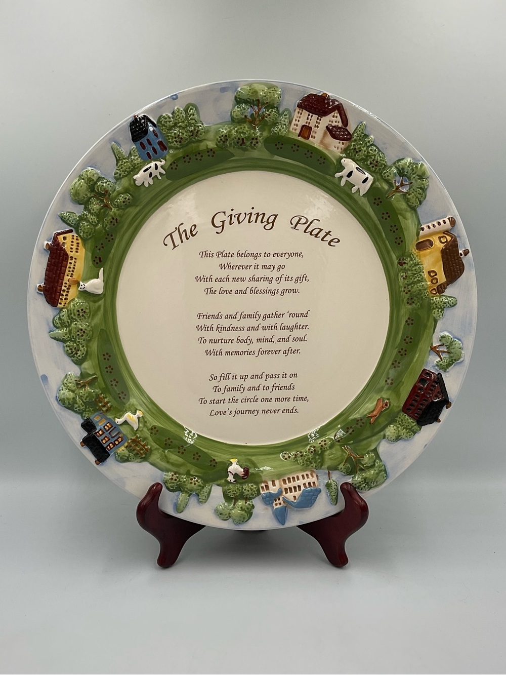Vintage Giving Plate Decorative Ceramic Serving Plate w/ 3D Country Village Rim